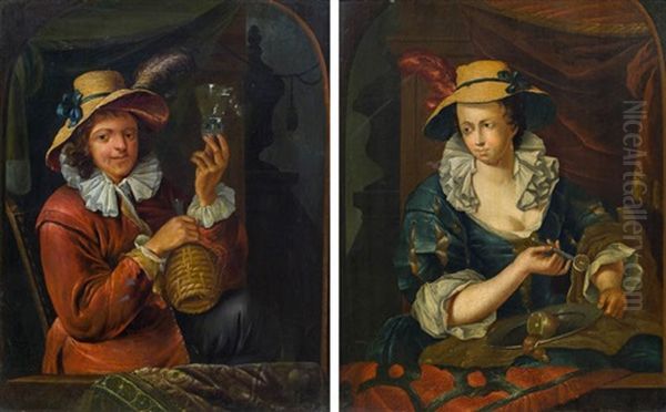Herr Mit Weinglas Und Korbflasche Und Dame Eine Zitrone Schalend (pair) - view 1