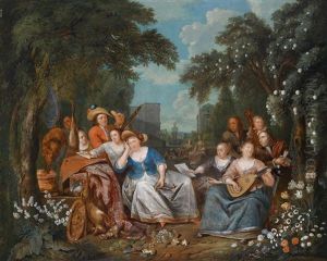 Elegante Gesellschaft Im Freien, Allegorische Darstellung Von Musik Und Jagd by Francois Xavier Henri Verbeeck