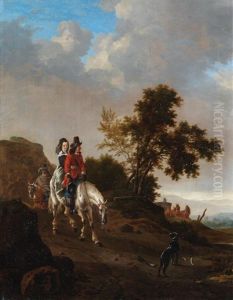 A Hilly Landscape With Travellers Riding On A Path by Pieter Cornelius Verbeeck