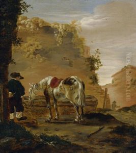 Reiter Mit Seinem Pferd An Der Tranke by Pieter Cornelius Verbeeck