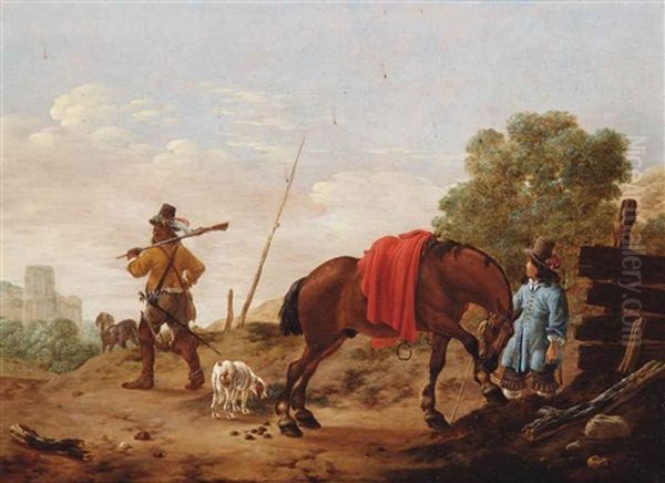 A Landscape With Huntsmen, A Horse And Dogs Near A Fence - view 1