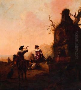 Hunting Party By A Fountain by Pieter Cornelius Verbeeck