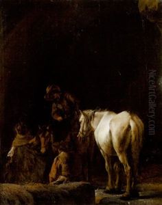 Figures And Horses Resting Inside A Cave by Pieter Cornelius Verbeeck