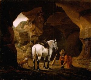 A Man Doing Up The Lace Of His Shoe, With A Grey Horse And A Dog At The Entrance To A Cave