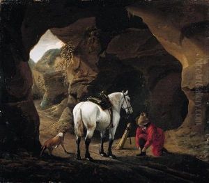 A Man Doing Up The Lace Of His Shoe, With His Grey Horse And Dog, At The Entrace To A Cave