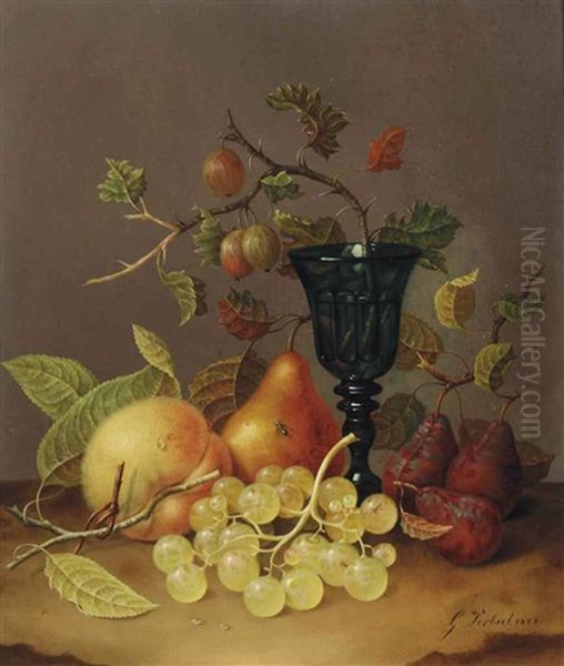 A Peach, White Grapes, A Pear, Gooseberries And A Glass - view 1