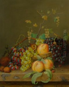 Still Life With Grapes, Peaches And Walnuts On A Marble Slab by Willem Verbeet