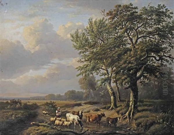 A Landscape With A Shepherdess And Her Flock Resting Near A Stream - view 1