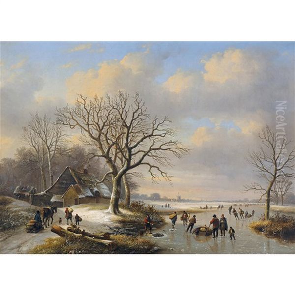 Eisvergnugen Mit Schlittschuhlaufern Und Einem Eisfischer - view 1