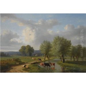 Cattle In A Summer Landscape by Louis-Pierre Verwee and Eugene Joseph Verboeckhoven