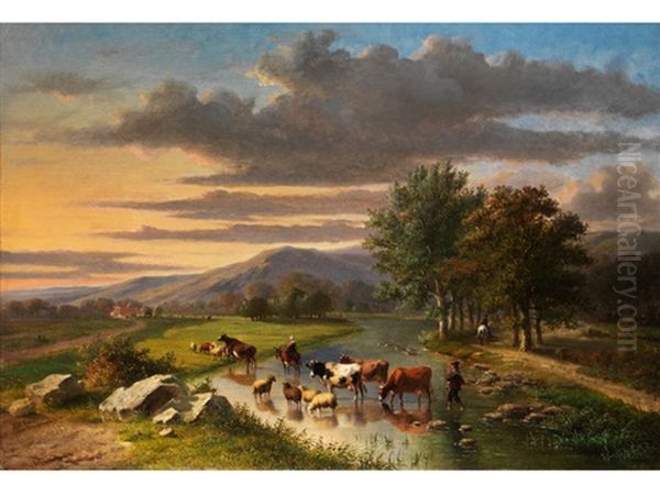 Hirten Mit Heimziehender Rinder- Und Schafherde In Einer Furt - view 1