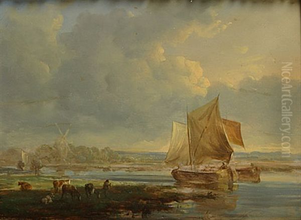Paysage Fluvial Avec Bateau Et Betail - view 1