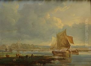 Paysage Fluvial Avec Bateau Et Betail by Louis Verboeckhoven the Younger