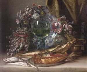 Fish On A Platter, Vases Of Summer Blooms, A Goblet Of Wine Before A Salver And A Drape by Louis Verboeckhoven the Younger