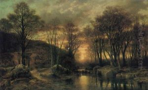 A Wooped River Landscape At Sunset by Louis Verboeckhoven the Younger