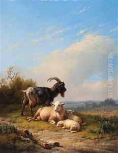 Ziege Mit Schafen Auf Der Weide by Eugene Verboeckhoven