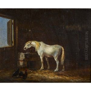 Pferd Und Huhner Im Stall by Eugene Verboeckhoven