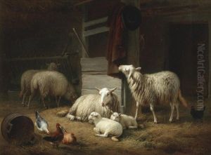 A Barn Interior With Ewes, Lambs And Hens by Eugene Verboeckhoven