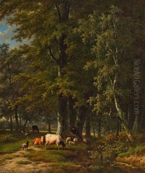 Shepherd With His Flock Resting By A Forest Creek - view 1