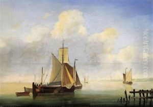 Boats On Calm Waters Off The Coast by Louis Verboeckhoven