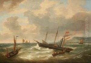 L"arrivee Des Barques Vers Le Steamer by Louis Verboeckhoven