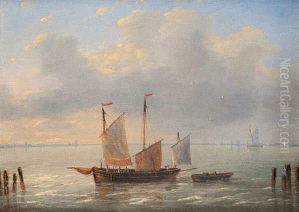 Zeilboot Met Sloep Bij Staketsel Bij Valavond - view 1
