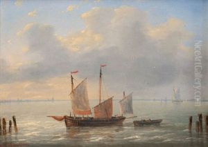Zeilboot Met Sloep Bij Staketsel Bij Valavond