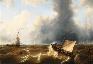 Sailing Boats On Stormy Seas by Louis Verboeckhoven