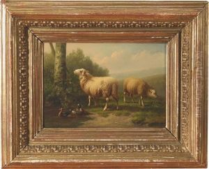 Weidende Schafe Am Ententeich by Eugene Verboekhoven