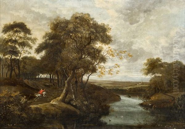 Bewaldete Flusslandschaft Mit Jagdreitern - view 1