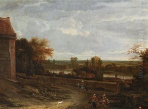 A River Landscape With A Mansion And Figures