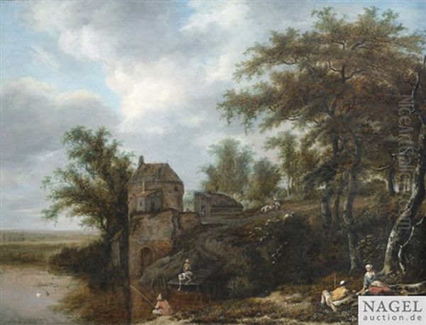 Baumreiche Landschaft Mit Gehoft An Einem Weiher, Im Vordergrund Rastende Und Angler - view 1