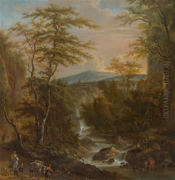 Sudliche Waldlandschaft Mit Wasserfall, Reisenden Und Fischern - view 1