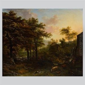Wooded Landscape And Animals by Adriaen Hendricksz. Verboom