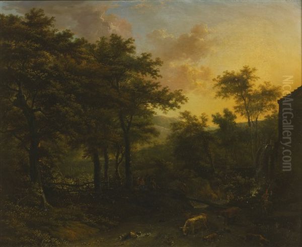 Wooded Landscape With Animals Near A Mill - view 1
