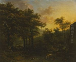 Wooded Landscape With Animals Near A Mill by Adriaen Hendricksz. Verboom