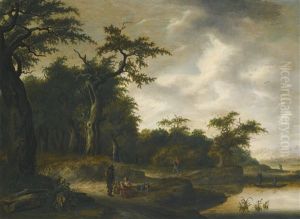 A Wooded Landscape With Travellers On A Road By A River by Adriaen Hendricksz. Verboom