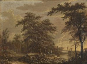 Bewaldete Landschaft Mit Wanderern Auf Einem Steg Bewaldete Landschaft Mit Wanderern Auf Einem Steg