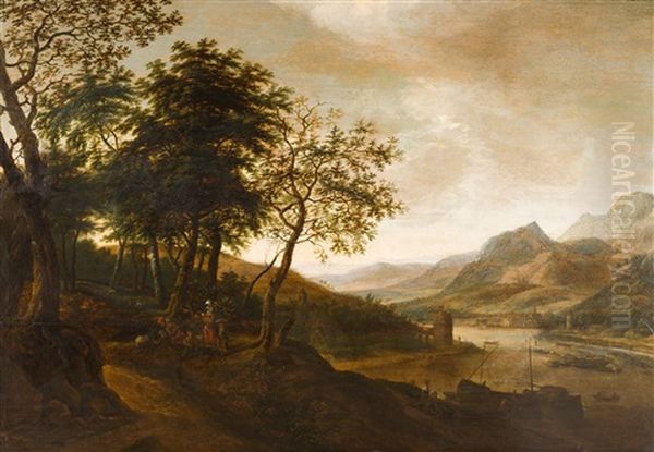 Weite, Hugelige Flusslandschaft Mit Rastenden Unter Machtigen Eichen - view 1