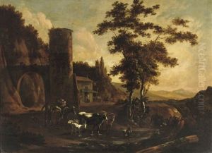 A Wooded Landscape With Peasants And Their Cattle, Goats And Sheep By A Tower by Willem Hendriksz Verboom