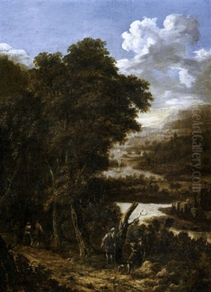 An Extensive Heavily Wooded River Landscape With Travelers - view 1