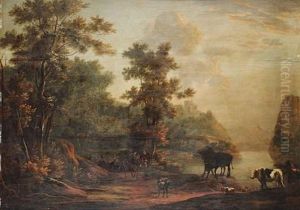 A Wooded Landscape With Travellers On A Path Beside A Lake by Willem Hendriksz Verboom