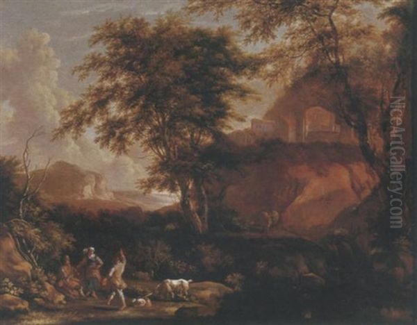 A Wooded Landscape With Shepherds, Sheep And A Goat - view 1