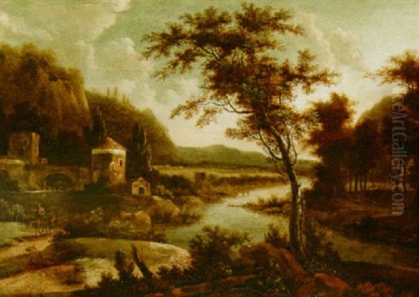 A Wooded River Landscape With Travellers On A Path Near Ruins - view 1