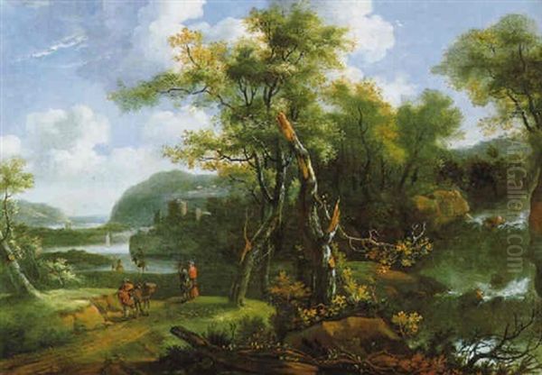 Gebirgige Waldlanschaft Mit Einem Wasserfall Und Reisenden - view 1