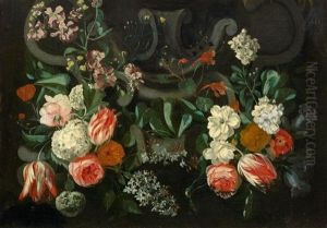 Arrangement Of Flowers Before A Stone Cartouche by Gaspar Pieter Verbrueggen the Elder