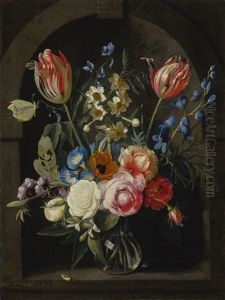 Still Life Of A Glass Vase Flowers In A Stone Niche With Tulips, Peonies, Narcissi And Other Flowers And A Butterfly by Gaspar Pieter Verbrueggen the Elder