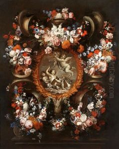 Still Life Of Flowers With A Central Cartouche Of Putti