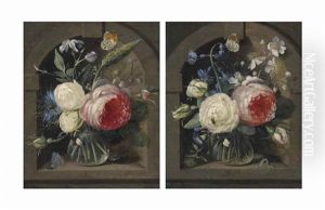 Roses, A Cornflower And Wildflowers In A Vase With Two Butterflies In A Niche; And Roses, Bluebells And Other Flowers In A Vase With A Butterfly And Other Insects In A Niche by Gaspar Pieter Verbrueggen the Elder
