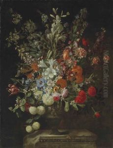 Lilies, Roses, Peonies, Tulips, Hydrangeas, Chrysanthemums And Other Flowers With Butterflies, In An Urn On A Stone Ledge